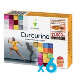 Cúrcuma para la inflamación y articulaciones. Curcurina NOVADIET con jengibre y pimienta negra. Apto para veganos. Pack de 6 x 30 cápsulas. HerboVillage