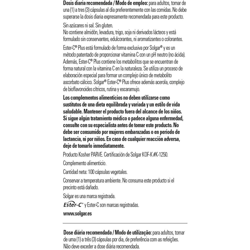 VITAMINA ESTER C PLUS 500 mg. 100 comp. SOLGAR. - Imagen 3