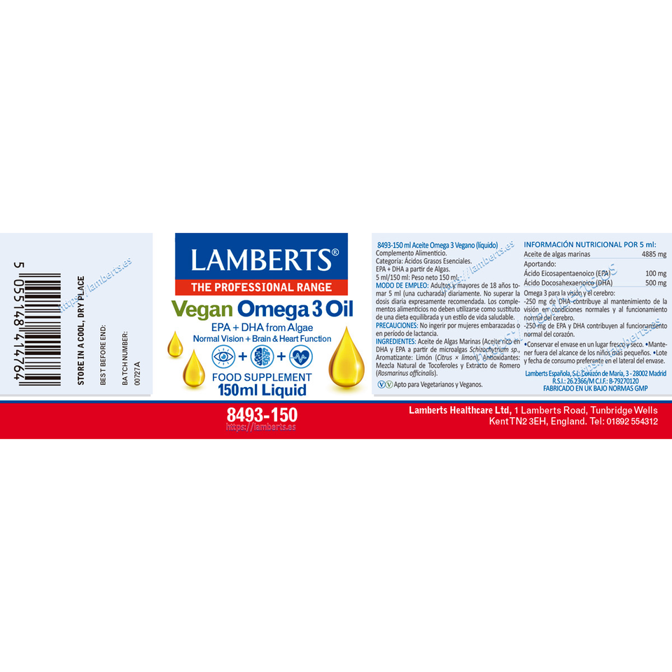 OMEGA 3 VEGANO LIQUIDO EPA + DHA 150 ml. LAMBERTS. - Imagen 2