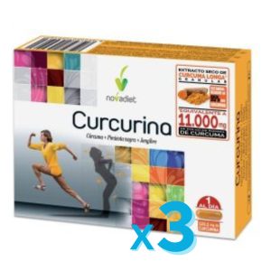 Cúrcuma para articulaciones e inflamación. Curcurina NOVADIET con jengibre y pimienta negra. Apto para veganos. Pack de 3 x 30 cápsulas. HerboVillage