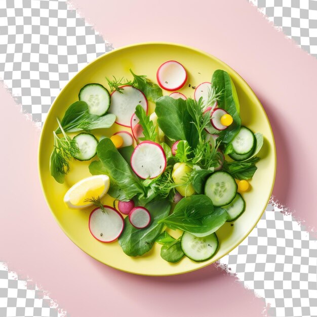 Plato de ensalada colorida que incluye láminas de rábano negro, corazones de alcachofa, hojas verdes y otros vegetales frescos.