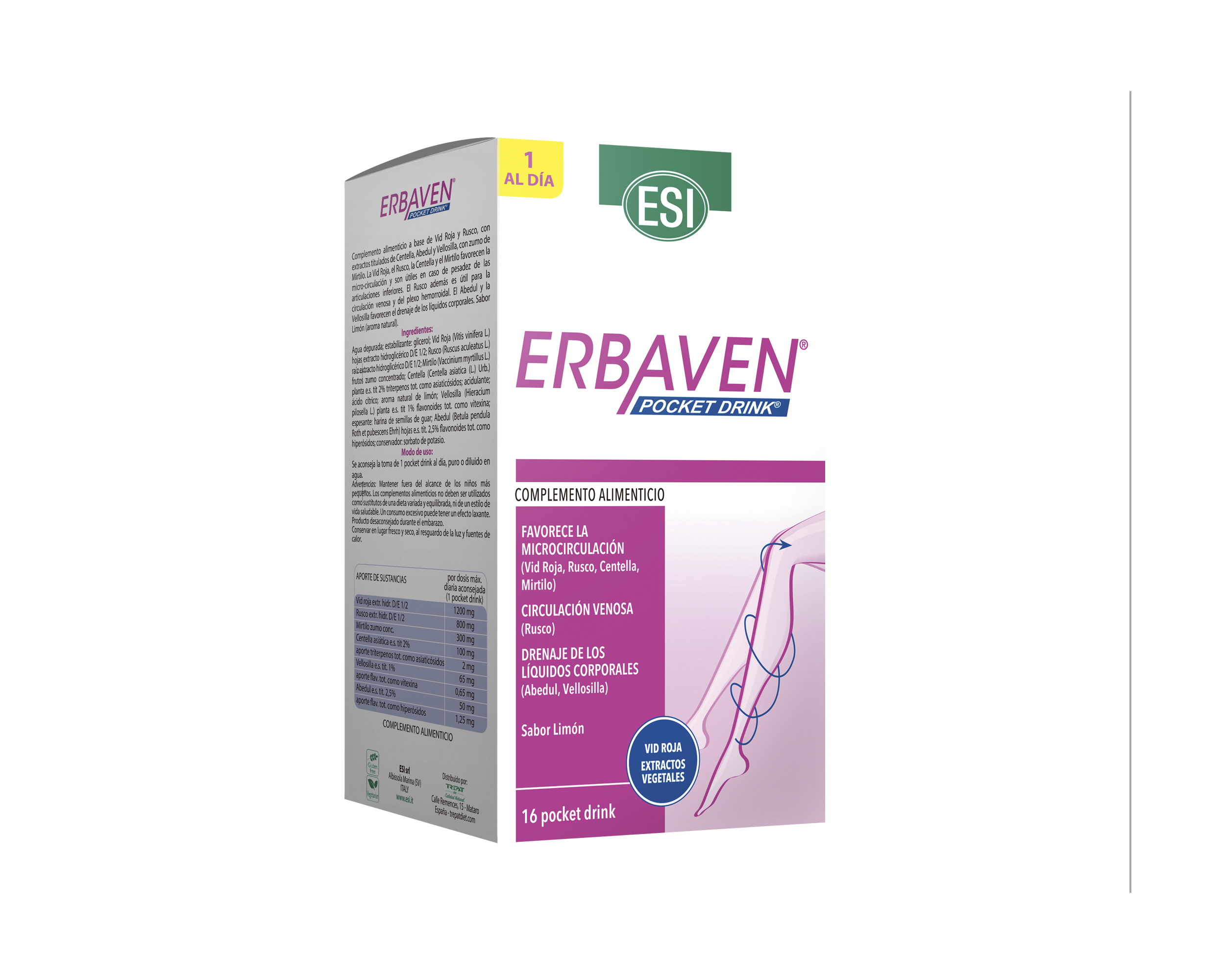 Erbaven Pocket Forte (16 Sobres) Esi – Trepat Diet. Bebida drenante con centella, rusco, vid roja y mirtilo. Drena y alivia la hinchazón en piernas y pies.