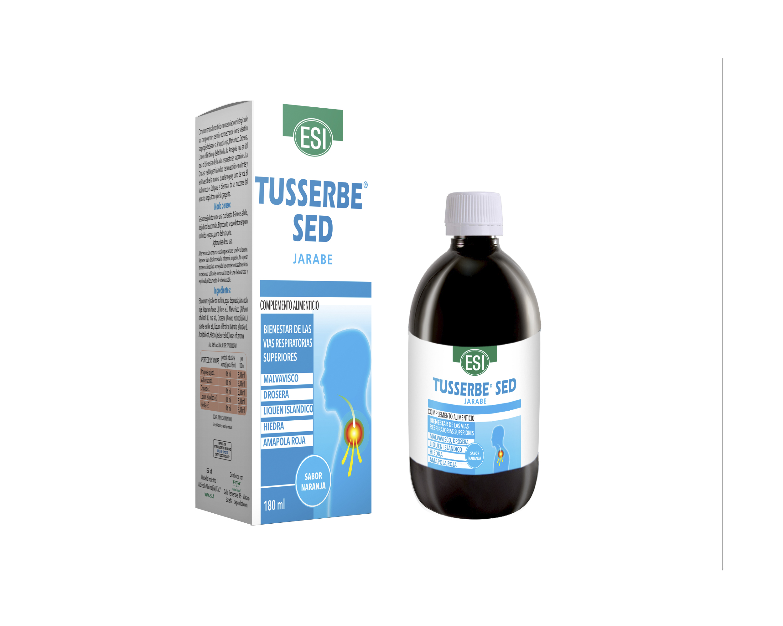 Tusserbe SED (180 ml) ESI - Trepat Diet. Jarabe vegetal sin azúcar, para paliar irritaciones de garganta y tos seca con ingredientes tradicionales.