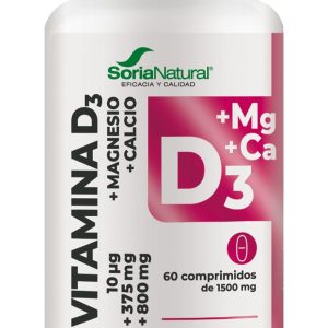 Vitamina D3 con Calcio y Magnesio Soria Natural (60 comp.) Un complemento formulado para liberar sus activos de forma progresiva, combinando vitamina D3, calcio y magnesio, minerales esenciales para el bienestar óseo y muscular. La vitamina D3 favorece la absorción del calcio y su transporte hacia los huesos, mientras que el magnesio contribuye al metabolismo energético y al funcionamiento muscular normal. Ideal para mantener huesos y dientes saludables con una sola toma al día. Una fórmula completa y funcional para cuidar tus huesos, músculos y defensas esenciales, con una sola toma diaria y gracias a su liberación sostenida, sin complicaciones.