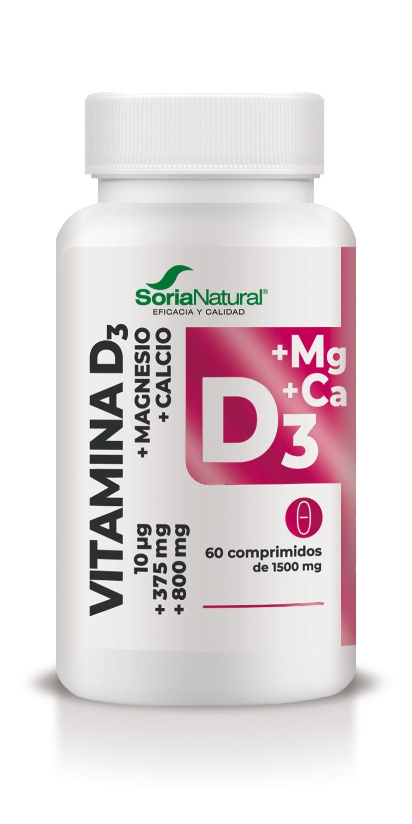 Vitamina D3 con Calcio y Magnesio Soria Natural (60 comp.) Un complemento formulado para liberar sus activos de forma progresiva, combinando vitamina D3, calcio y magnesio, minerales esenciales para el bienestar óseo y muscular. La vitamina D3 favorece la absorción del calcio y su transporte hacia los huesos, mientras que el magnesio contribuye al metabolismo energético y al funcionamiento muscular normal. Ideal para mantener huesos y dientes saludables con una sola toma al día. Una fórmula completa y funcional para cuidar tus huesos, músculos y defensas esenciales, con una sola toma diaria y gracias a su liberación sostenida, sin complicaciones.
