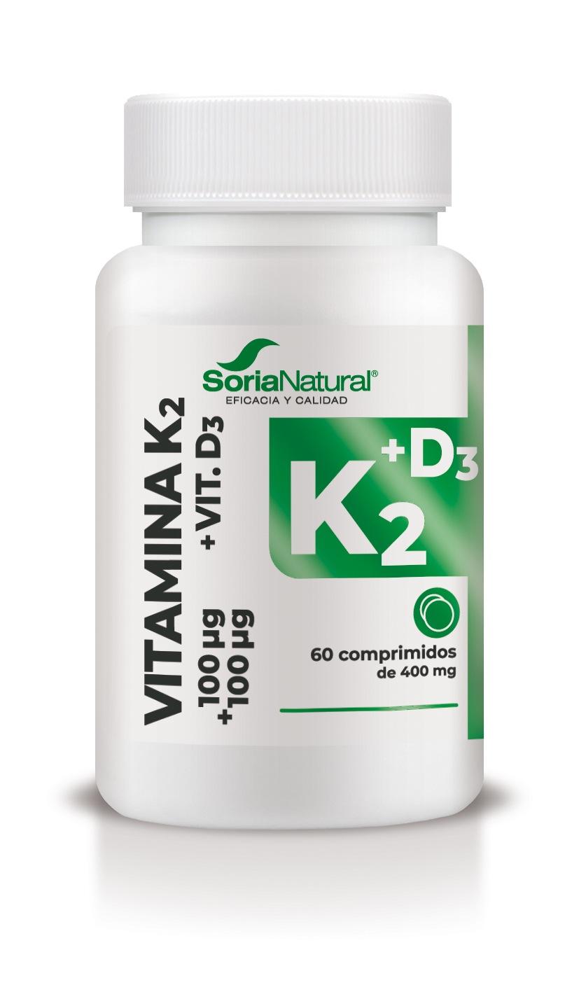 Vitamina K2 + D3 liberación sostenida Soria Natural 60 comp. Apoya salud ósea y absorción de calcio, fórmula vegana y sin gluten. HerboVillage 💚