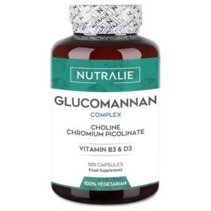 Glucomanano Complex de Nutralie, suplemento vegetal con glucomanano, colina, cromo y vitaminas B3 y D3. Fórmula para un estilo de vida saludable. 💚