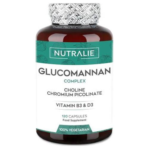Glucomanano Complex de Nutralie, suplemento vegetal con glucomanano, colina, cromo y vitaminas B3 y D3. Fórmula para un estilo de vida saludable. 💚