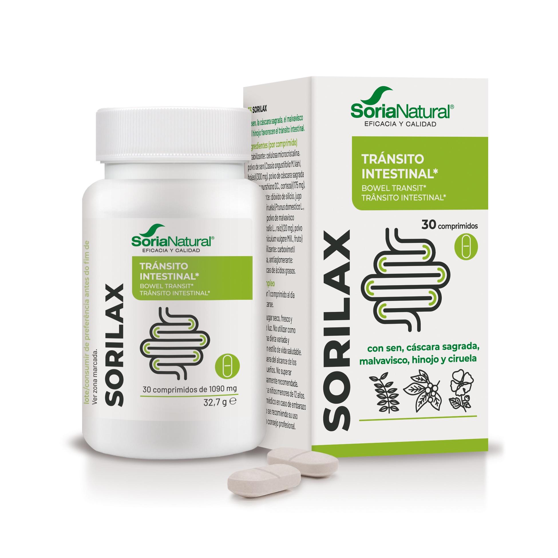 Sorilax Soria Natural 30 comprimidos. Sorilax es un complemento alimenticio formulado con plantas tradicionales para favorecer el tránsito intestinal de forma suave. Combina sen (Cassia angustifolia), cáscara sagrada (Rhamnus purshiana), ciruela liofilizada, malvavisco (Althaea officinalis) e hinojo (Foeniculum vulgare). Su acción apoya el bienestar digestivo y contribuye a regularizar el ciclo intestinal ocasionalmente sin dañar la flora digestiva.