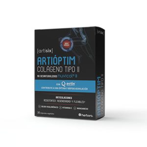 Artioptim Colágeno Tipo II de Herbora 30 cápsulas. Con colágeno tipo II, ácido hialurónico, magnesio, vitamina C y manganeso. Apto dietas equilibradas. 💚