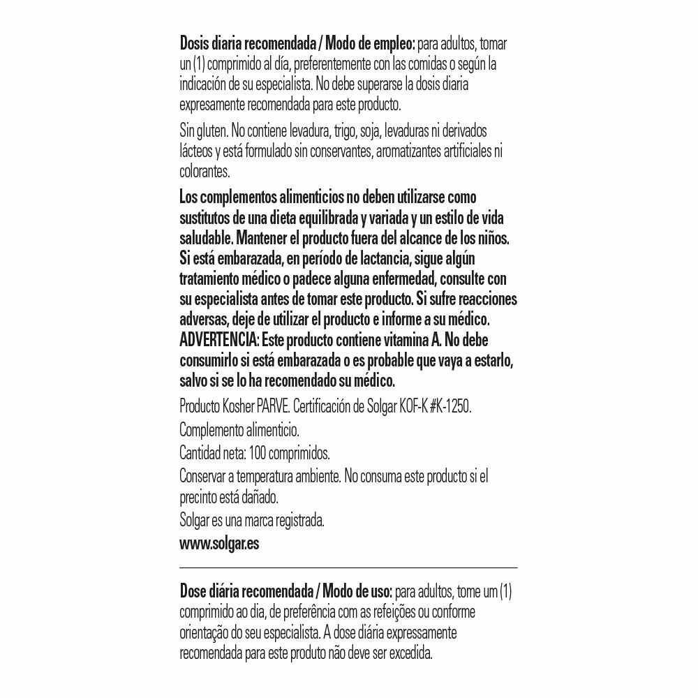 Vitamina A 5000 UI Solgar 100 comprimidos - Imagen 3