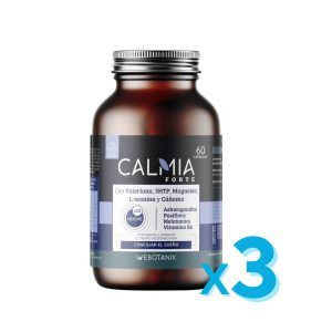 Calmia Noche Forte Webotanix Pack 3 (3×60 cap) – Envío gratis Calmia Noche Forte de Webotanix se presenta en un pack de 3 envases, cada uno con 60 cápsulas. Esta fórmula vegetal combina ingredientes como magnesio, melatonina, L-teanina, extractos de árboles adaptógenos y plantas seleccionadas para integrarse fácilmente en una dieta variada y un estilo de vida saludable. En este pack obtienes mayor duración y envío gratuito, facilitando su incorporación al cuidado diario.