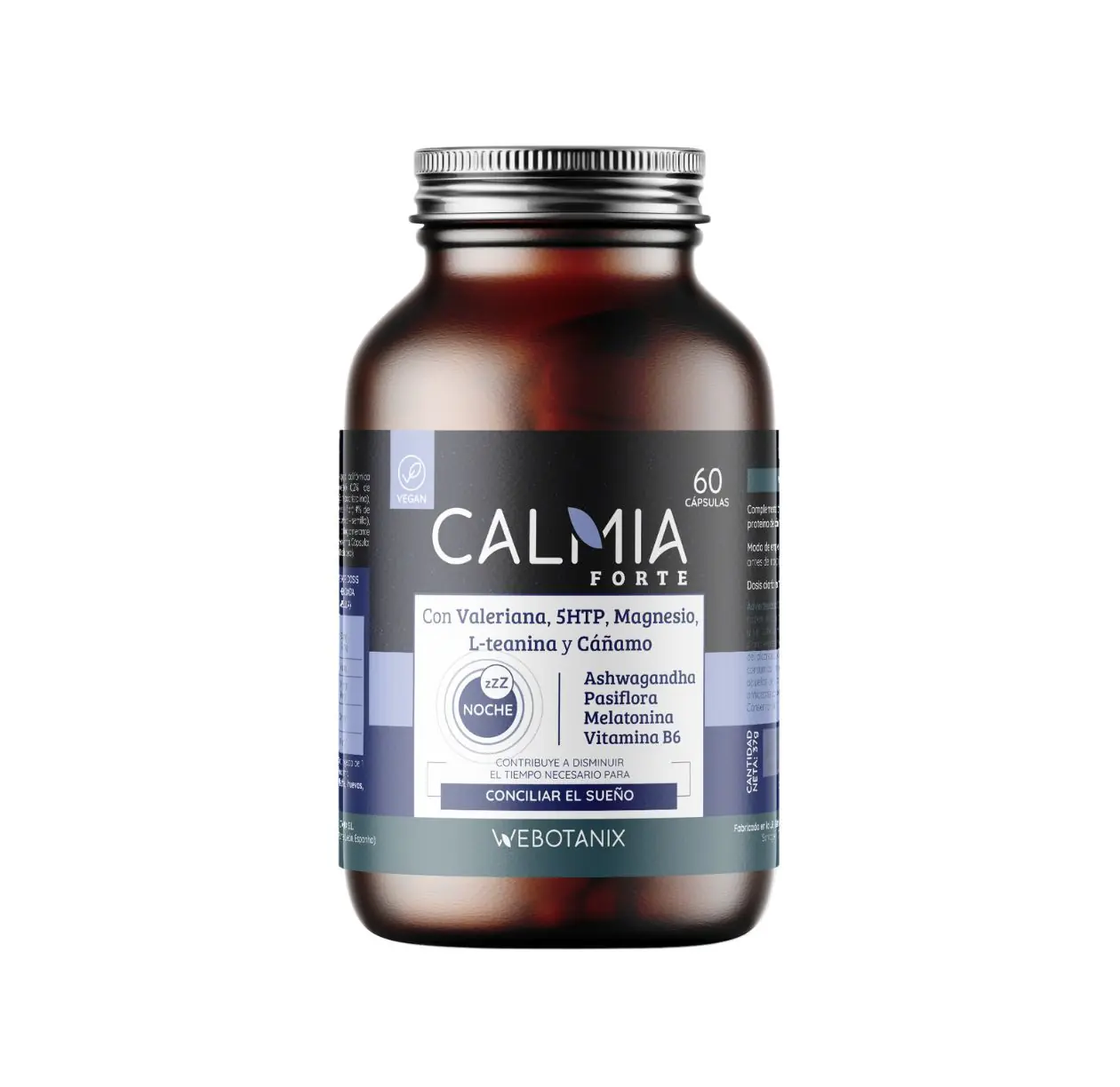 Calmia Noche Forte de Webotanix, 60 cápsulas. Complemento vegetal con magnesio, melatonina, 5-HTP y extractos botánicos. Vegano, sin gluten. 💚