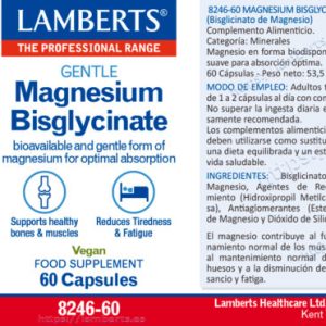 Magnesio Bisglicinato Lamberts 150 mg 60 cápsulas El Magnesio Bisglicinato Lamberts 150 mg es un complemento alimenticio mineral que aporta 150 mg de magnesio elemental por cápsula en forma bisglicinato, un compuesto en el que el magnesio está unido al aminoácido glicina, reconocido por su tolerancia digestiva suave y alta biodisponibilidad. Esta forma de magnesio es adecuada para personas que desean incorporar un suplemento nutritivo de magnesio dentro de una alimentación variada y equilibrada, y es una opción interesente cuando se busca un producto suave con el sistema digestivo.