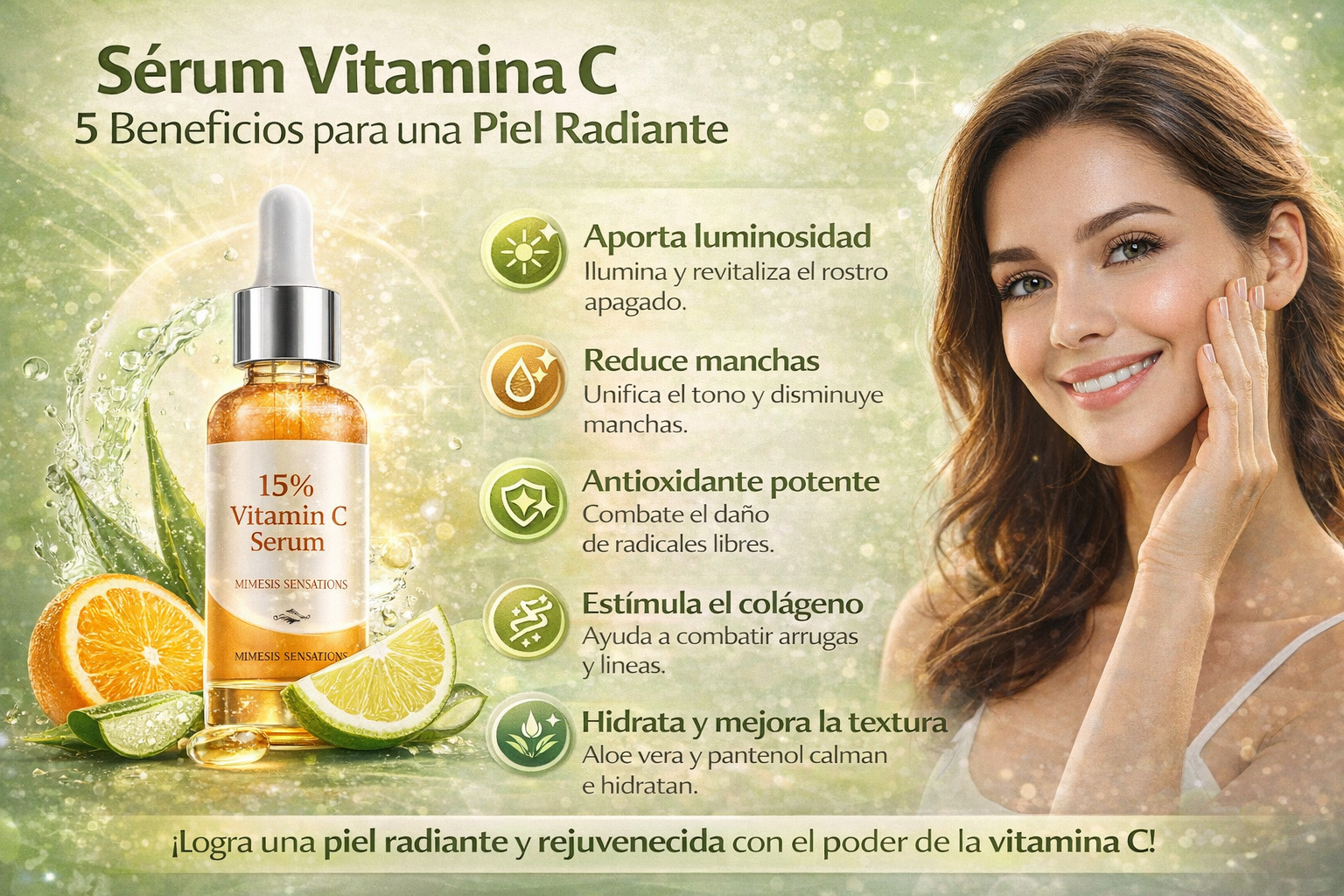 Descubre los beneficios del sérum de vitamina C al 15 %: ilumina la piel, reduce manchas, combate arrugas y mejora la textura del rostro.